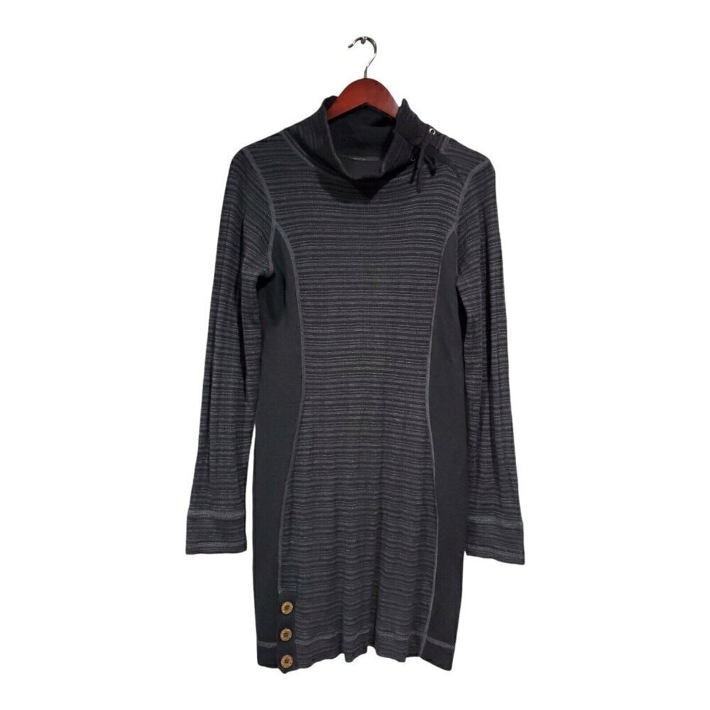 PrAna Women's Coal Kelland Turtleneck Wool-Blend Sweater Dress Black Stripe Sz M